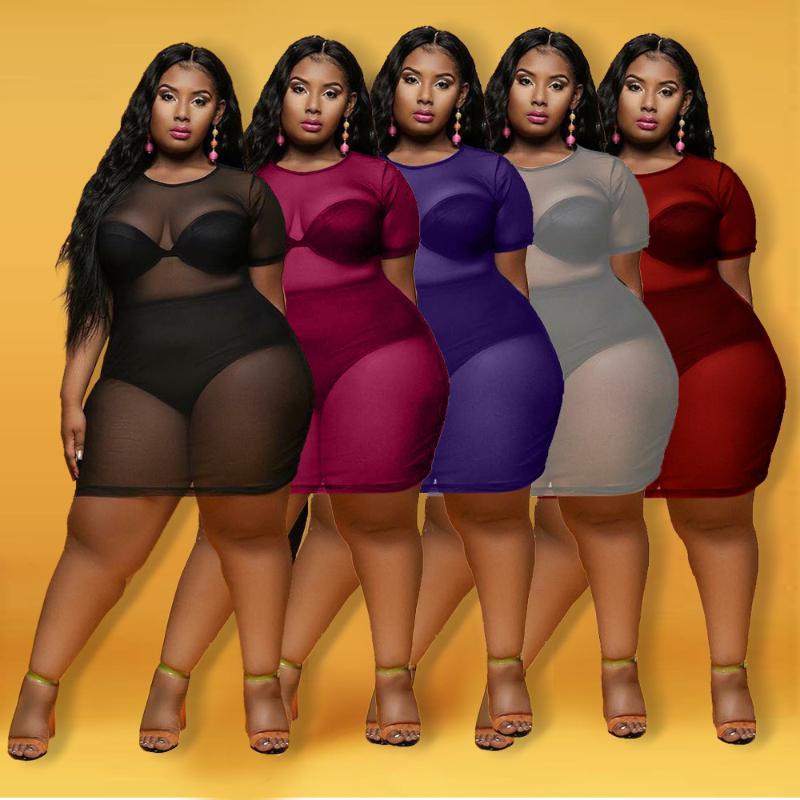 

Plus Size Dresses Summer See-Through Wrap Women Dress Sexy Hips Black Round Neck For Celebrity Nightclub Party 4xl5xlPlus, White