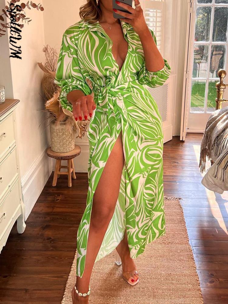 

Women Vitange Pattern Print Boho Shirt Dress Female Fashion Lapel Long Sleeve Lace Up Robe Summer High Slit Loose Dresses 220721, Blue orange 03