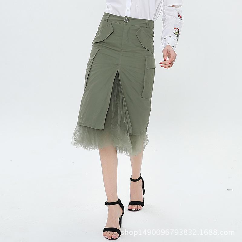 

Skirts 2022 Korean Fashion High-waisted Women Casual Tulle Hippie Patchwork Ladies Harajuku Bdocyon Midi Skirt With Slit, Green