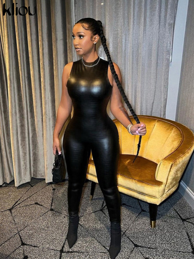 

Solid Concise Jumpsuits Women Skinny O-Neck Sleeveless Zipper Body-Shaping High Waist One Piece Outfit Streetwear Overall, Black