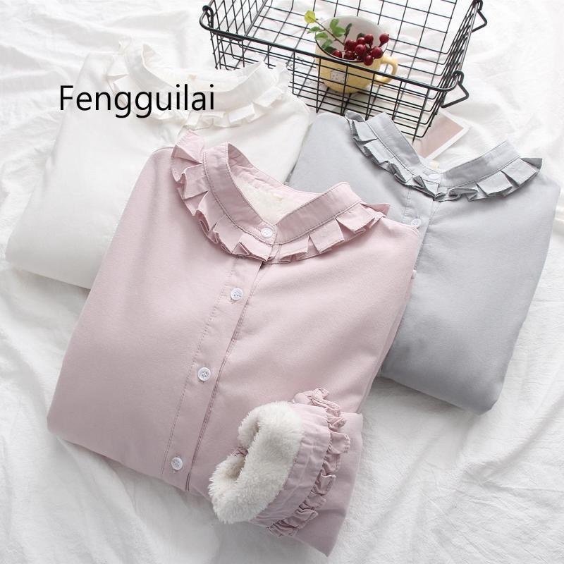 

Autumn Winter Plus Velvet Thickening Shirts Ruffles Stand Collar Long Sleeve Blouse Button Pockets Size Warm Women Women' Blouses, Pink