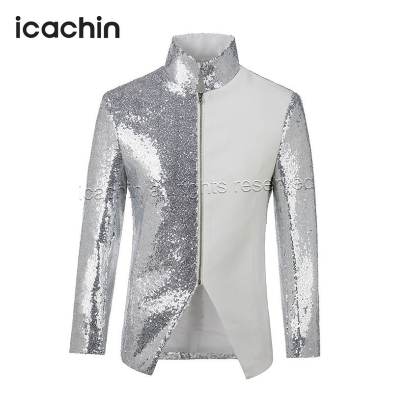 

Stand Collar Men White and Silver Sequin Jacket Traje Chaqueta Hombre Blazer Hombre Americana Hombre Zipper Blazer Homme 201104