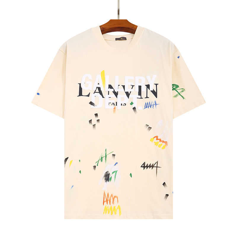 

Mens and women t shirt lanvin gal joint 100% cotton hand-painted ink splash graffiti letters loose short-sleeved round neck T shirt, Beige