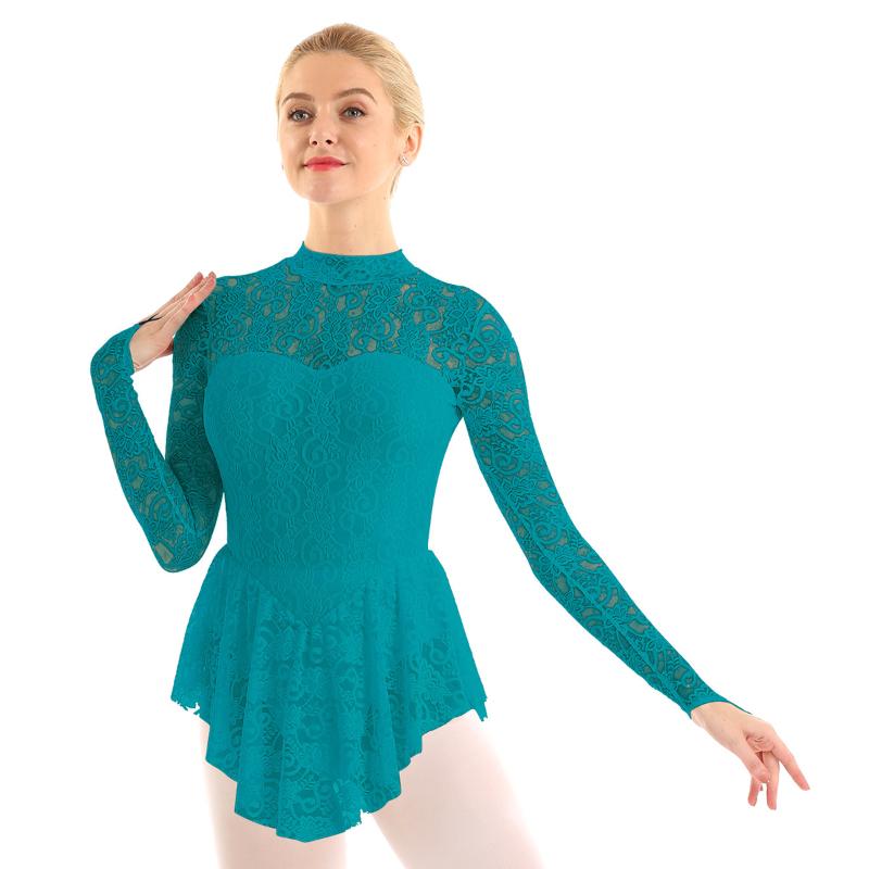 

Stage Wear Womens Adult Dance Practice Dancewear Mock Neck Long Sleeve Lace Figure Ice Skating Roller Ballet Leotard Dress, Blue