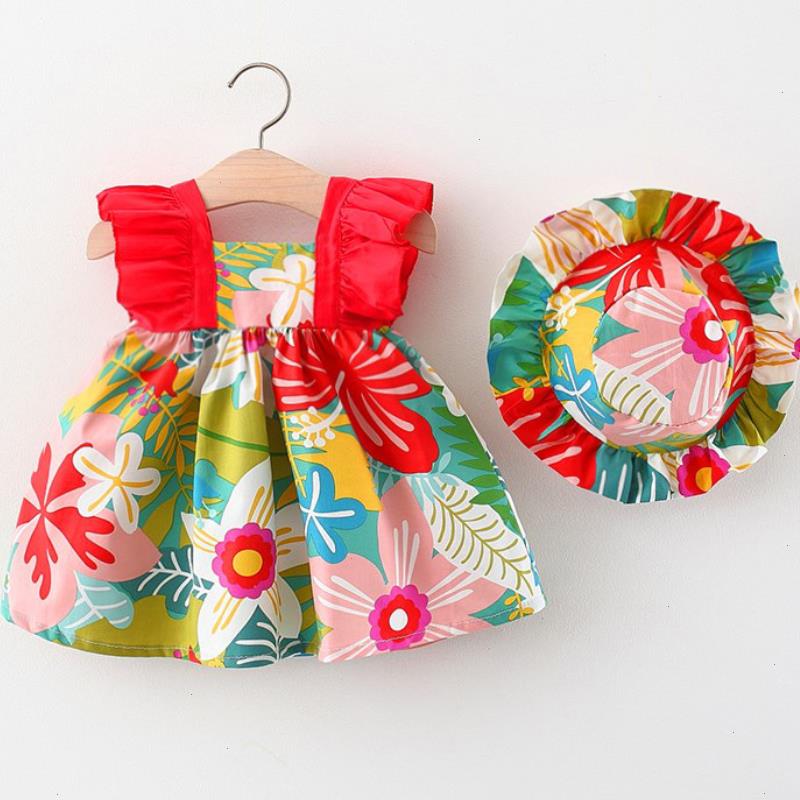 

Newborn Baby Girl Dress 2pcs Sets Summer Full Body Color Big Flower Cotton Fly Sleeve Back Ribbon Send Soft Hat, Color12