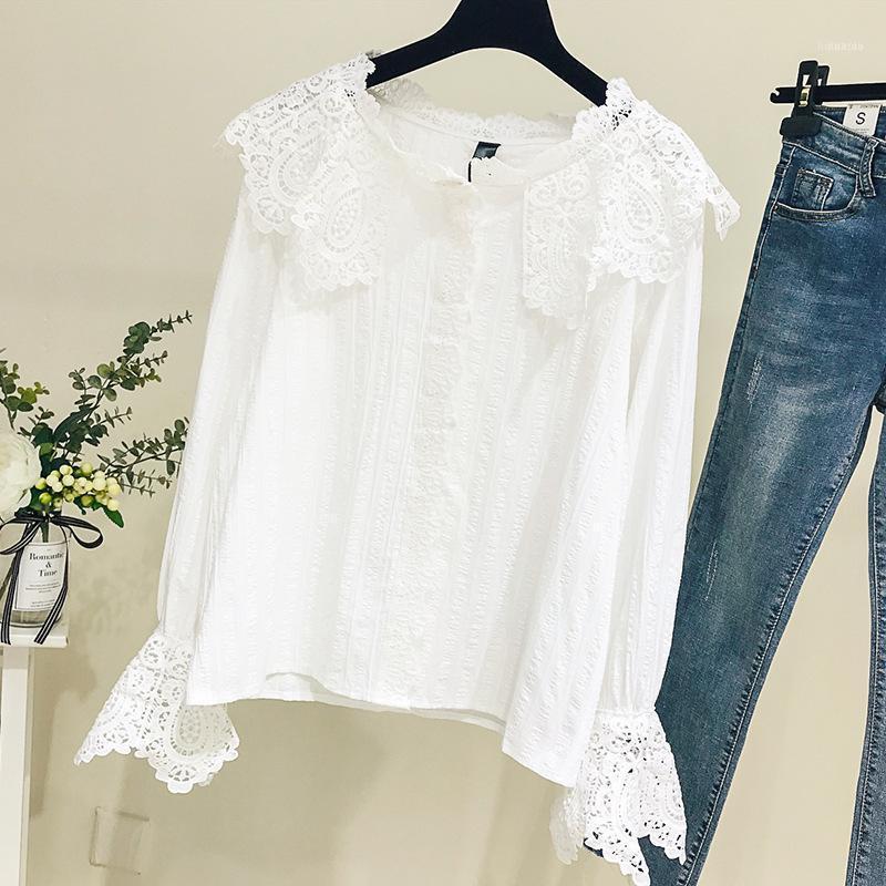 

Women White Lace Collar Shirt Blouse Flare Sleeve Top Spring Autumn Arrival Big Size Women's Blouses & Shirts