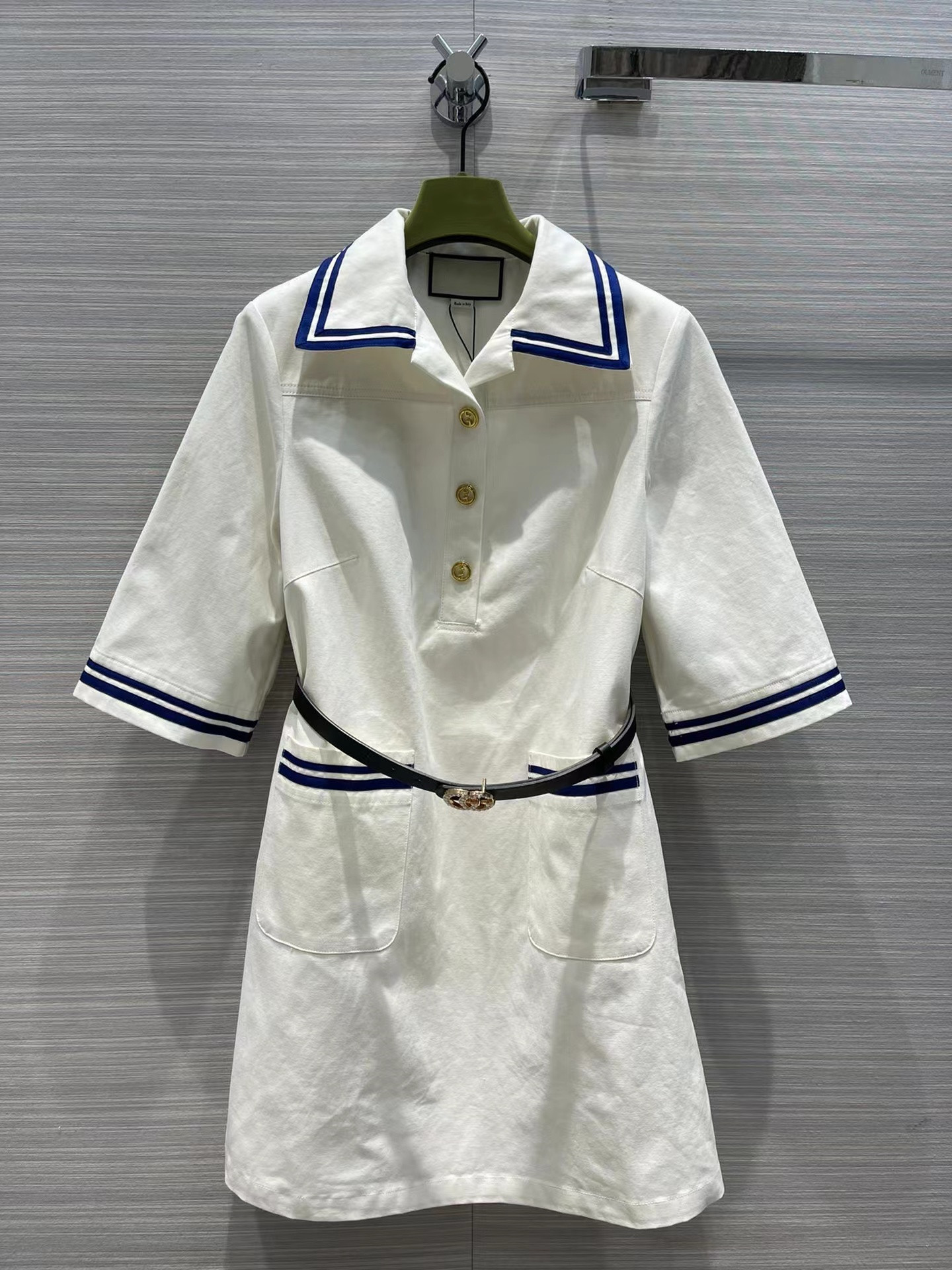 

2022 Summer Autumn Lapel Neck Short Sleeve Print Brand Same Style Dress Milan Runway Sundress Designer Dress 0506-2, White