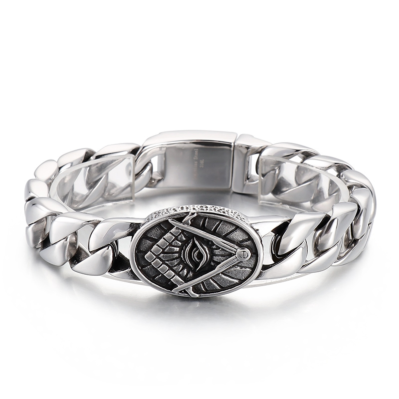 316L Stainless Steel Curb Link Chain Bracelet Round Freemasonry ID BraceletS Bangle For Mens Fashion Gifts Friends 15mm 22cm 88g