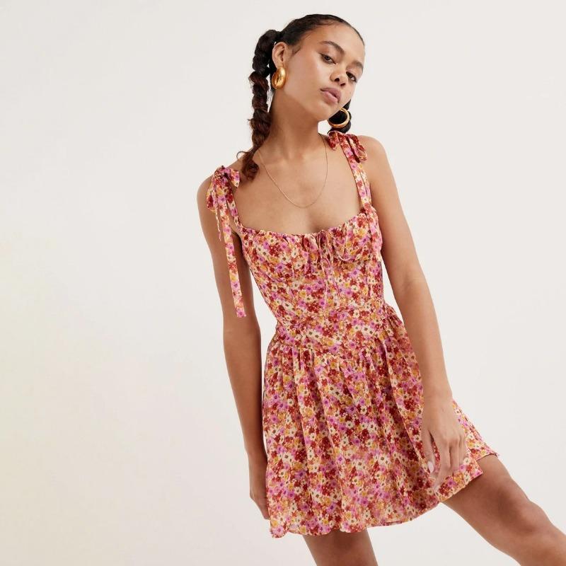 

Casual Dresses Summer Dress Women 2022 Elegant Spaghetti Strap Floral Printed Mini Ruffles Vestidos De MujerCasual, Mixed color
