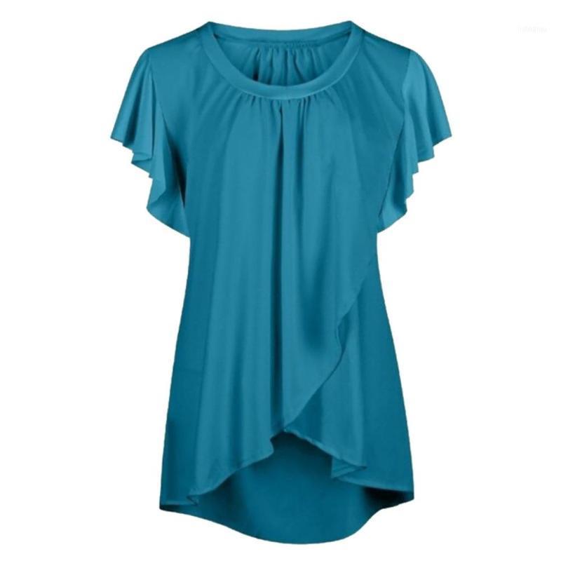 

Women' Fashion Ruffle Shoulder Short Sleeve O-neck Summer Chiffon Blouse Casual Irregular Hem Solid Pullover Shirts For 2022 Blouses, Black