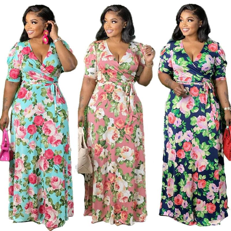 

Party Dresses Plus Size Summer Dress Wholesale Women Long With Lace Up V Neck High Waist Ladies Vacation Floral Drop, Green