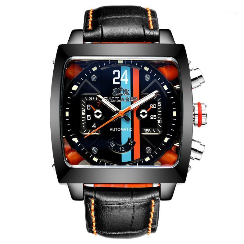 Wristwatches Mechanical Watch Brand Genuine Leather Stainless Steel Black Orange Blue Casual Perspective See Through Men Iced Out WatchWrist