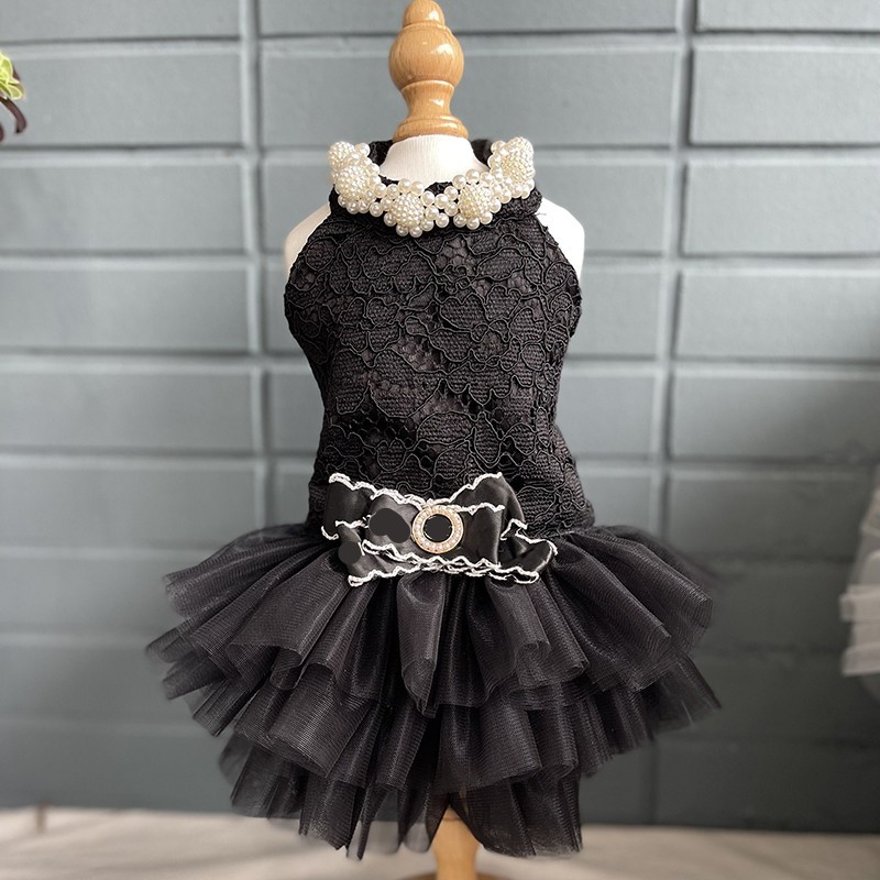 

Handmade Dog Apparel Clothes Pet Dress Luxury Classic Black Lace Top Pearl Collar Tiered Skirt Tutu Celebrities Party Holiday Birthday