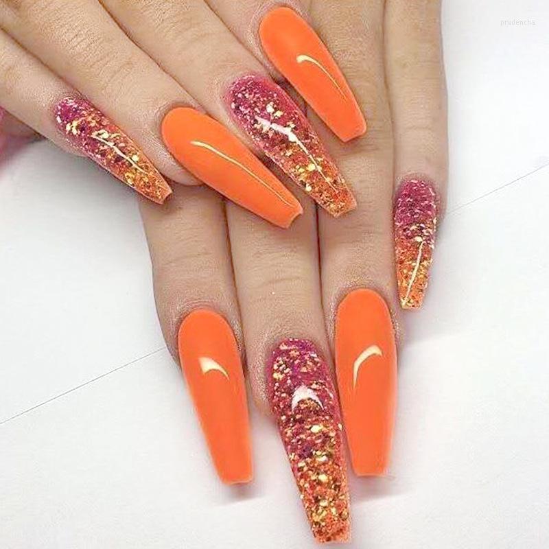 

False Nails 1 Set Orange Long Stiletto Ballerina Tips Coffin Fake Nail Art Acrylic Press On Decal Decoration With Glue Prud22, 01