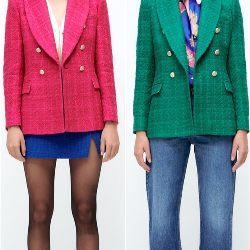 

suit autumn ladies all-match lapel long-sleeved texture double-breasted slim casual suit jacket 220402, Green
