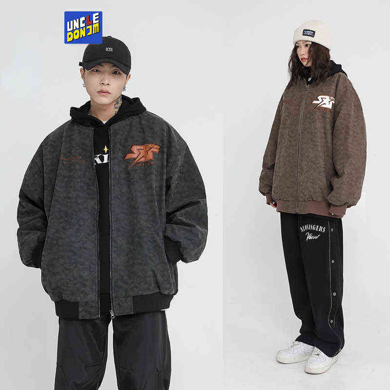 

vintage UNCLEDONJM Washed punk loose bomber jacket letter embroidery hip hop jacket men fashion clothing oversized coat T220728, Brown