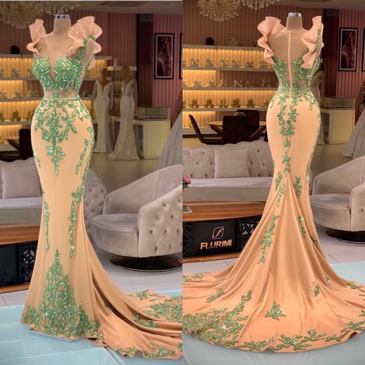 Sexy Mermaid Prom Dresses Shoulder Ruffles Sparkly Spaghetti Beading Sequined Evening Dress Formal Wear Party Gowns