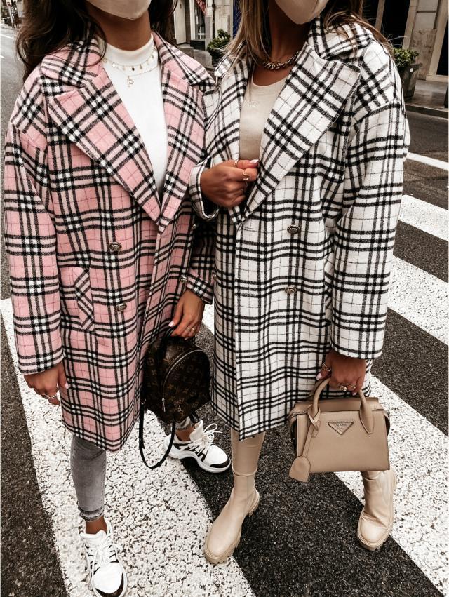 

Fashion designer women's Wool Blends jacket Plaid coat casual jackets classic solid color Lapel medium long button fur coats SIZE S--2XL, Pink