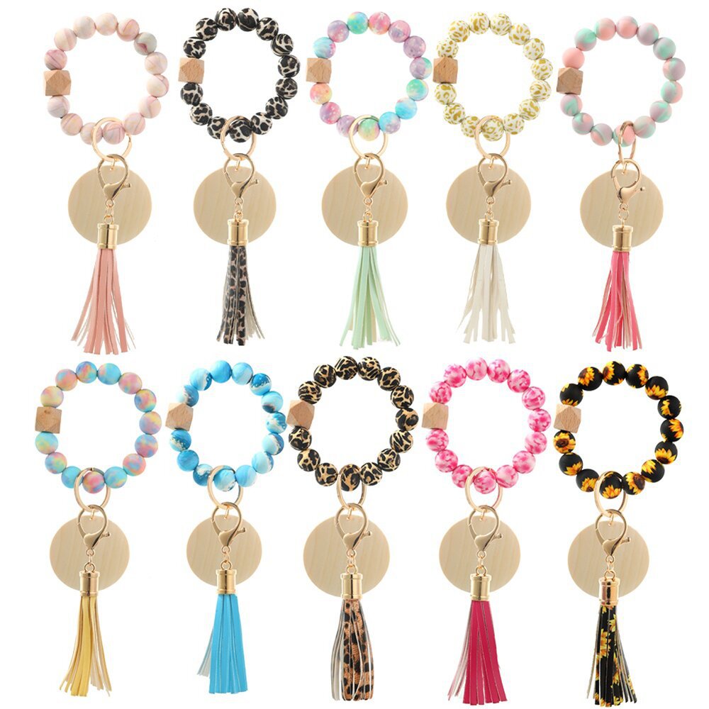 

Wood Bead Bracelet Jewelry Silicone Beaded Tassel Keychains Beaded Tie-dye Bangle Rainbow Colorful Fringe Bracelets Wrist Key Ring Pendant Bag Accessories B8001
