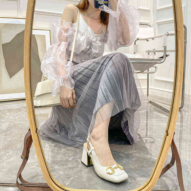 

Designer-home leather back empty half slipper sandals 2022 spring and summer new line buckle high heels square head thick heel women's, Black