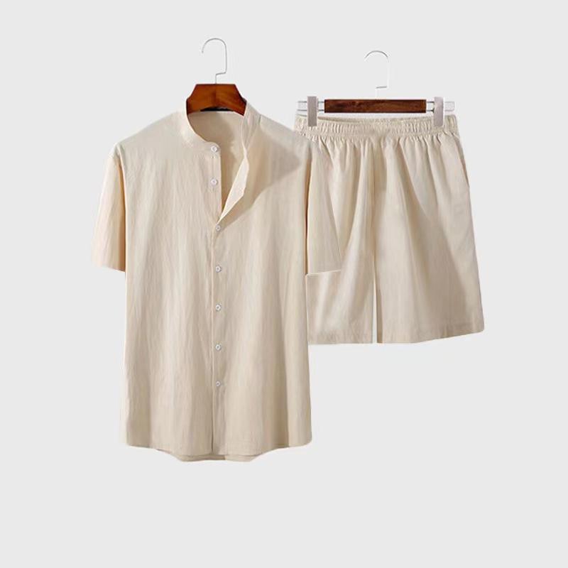 

Men' Tracksuits Cotton Linen Short-sleeved Shirts Tops Shorts Men 2Pcs Suit Set Summer Male Solid Blouse Casual Hawaii Beach OutfitsMen