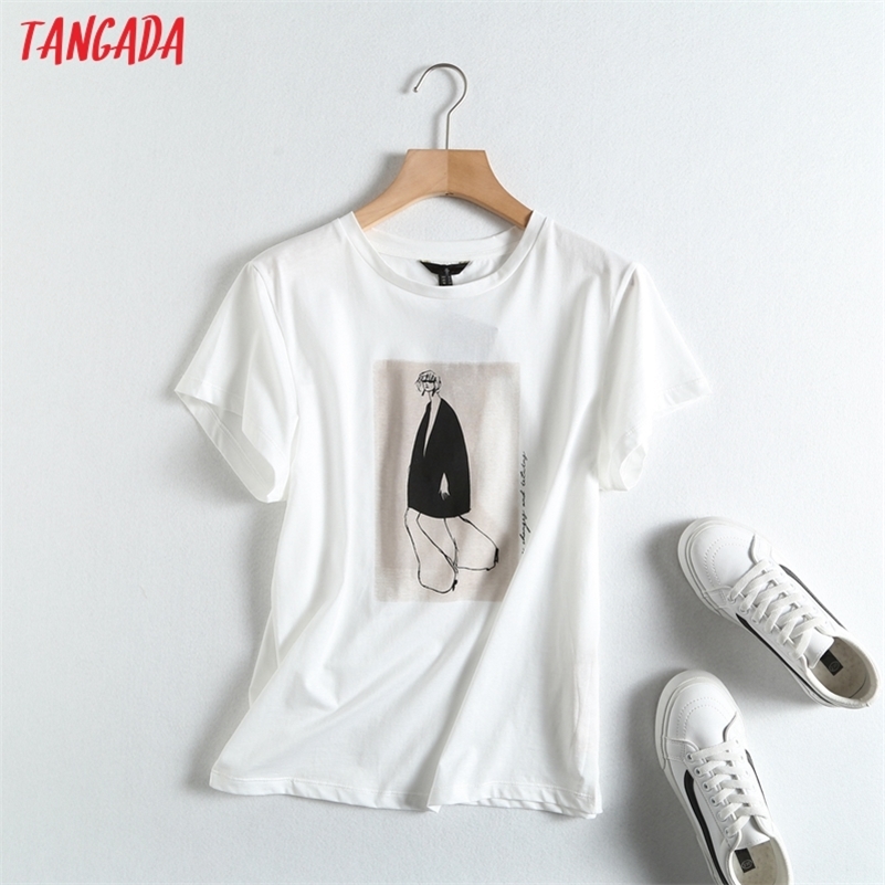 

Tangada Summer Women Vintage Print Cotton T Shirt Short Sleeve High Quality Elegant Ladies Casual Tee Top 6D20 220321, White