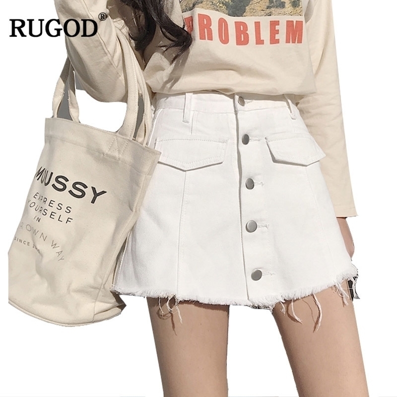 

RUGOD Summer Fashion Button Design High Waist Jean Shorts Skirt Women Casual Frayed Fringe Denim Shorts Femme Short Jeans Y200822, Black