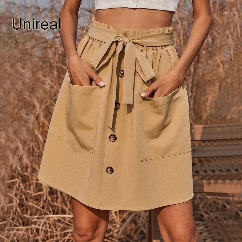

Unireal 2022 Summer Women Mini Skirt High Waist Elastic Casual Loose Khaki Bleted Short Skirts