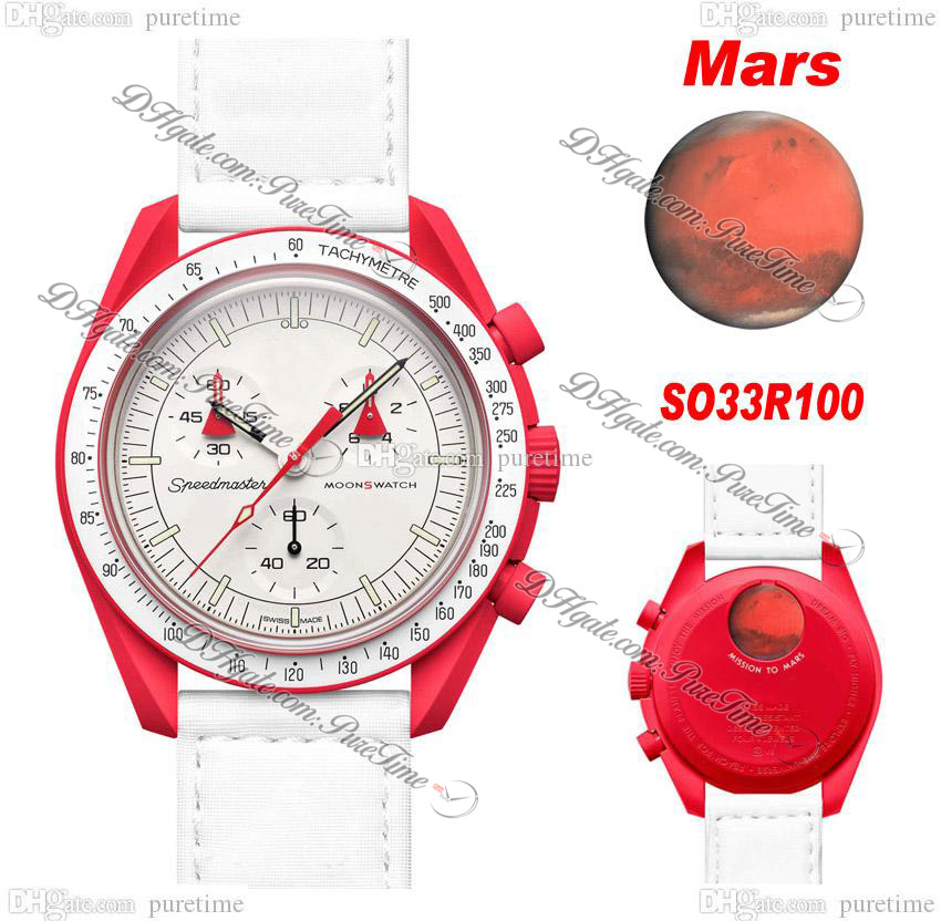

Bioceramic Moonswatch Swiss Quqrtz Chronograph Mens Watch SO33R100 Mission To Mars 42mm Real Fiery Red Ceramic White Dial Nylon With Box Super Edition Puretime C3, So33j100