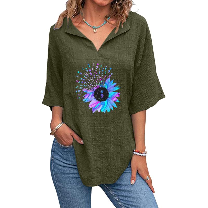 

Women' T-Shirt Womens Long Tee Shirt V Neck Shirts Short Sleeve Printing Sunflower Cotton Linen Blouse Summer Exercise Clothe SetWomen, Black