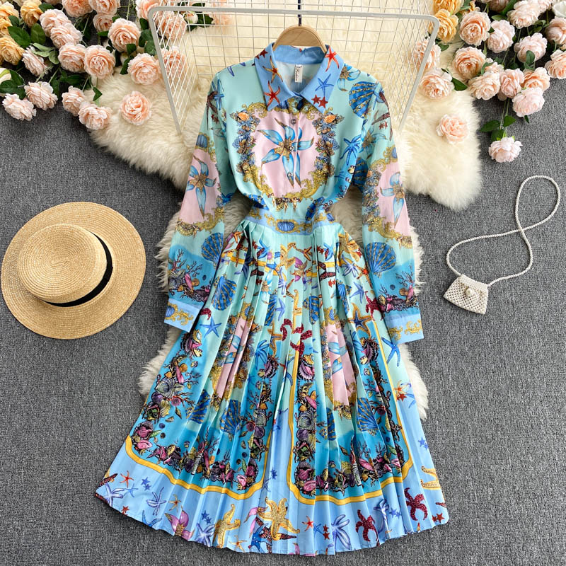 

Women Palace Style Sense Niche Print Dress Long Sleeve Pleated Dresses Evening Party Banquet Dresses zomer jurkjes dames 2022, Same as picture