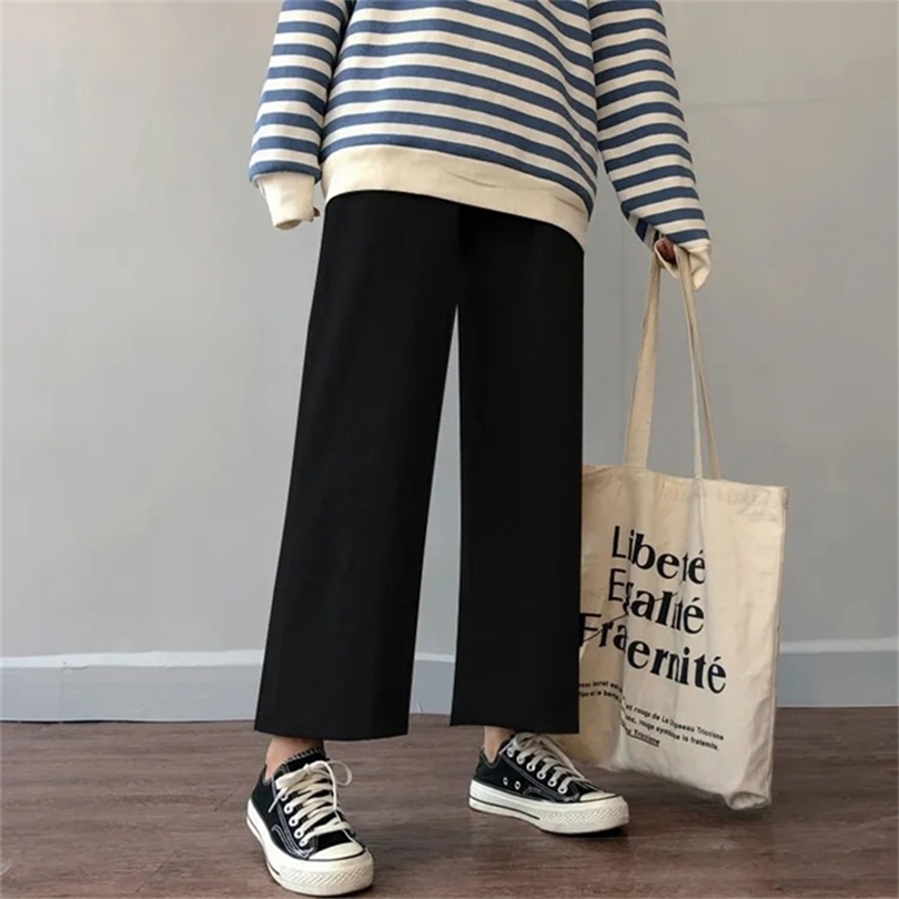 

Cusual Pants Women Spring Summer Anklelength Loose Wide Leg Elastic High Waist Oversize Black Simple Comfortable Elegant Ladies 220812, Nine points pants