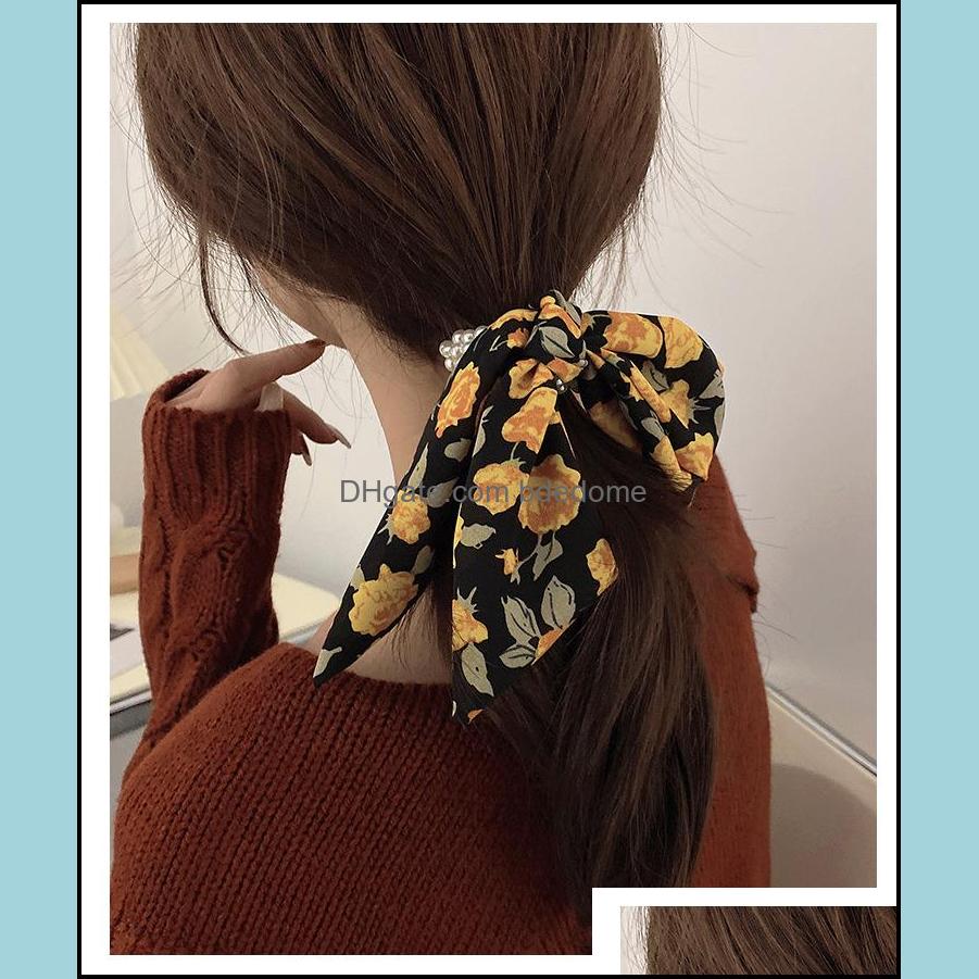 

Hair Rubber Bands Pearl Ponytail Ties Scarf Elastic Rope For Women Bow Scrunchies Flower Print Ribbon Hairband Bdedome Dhks1