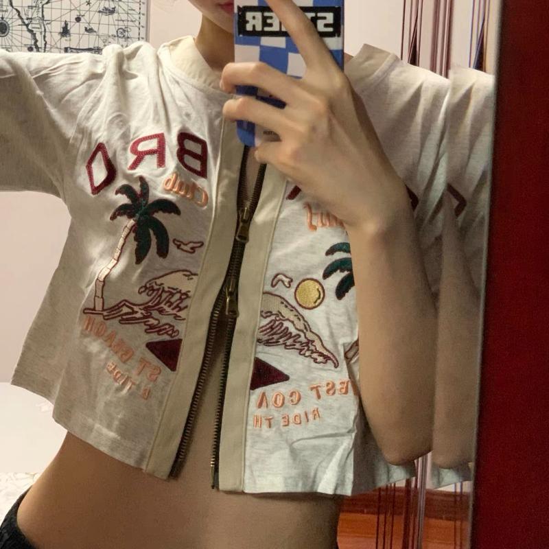 

Women' T-Shirt Women' Short-sleeved Embroidered Zipper Short Jacket American Retro Girl Ins Top Summer, 01