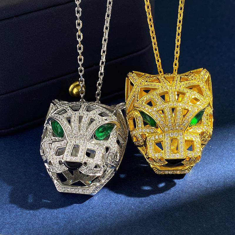 

Pendant Necklaces Top Quality Silver Gold Color Micro Crystal Stone Bossy Green Eye 3D Leopard Necklace For Men Women Long Chain Jewelry