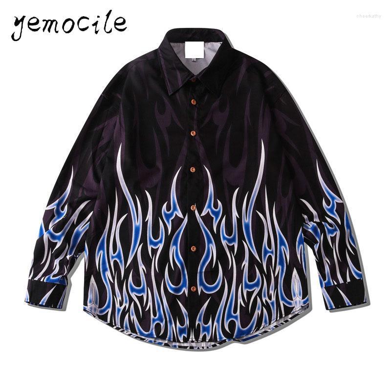 

Men' Casual Shirts Blue Flame Printed Couple Wear Long Sleeve 2022 Hip Hop Harajuku Shirt For Women And Men Streetwear Oversized BlousesMen, Mcs19