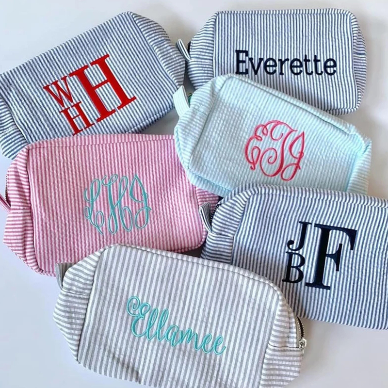 

Seersucker Cosmetic Bags Stripe Clutch Storagebag Popular Women Grooming Bag Travel Storage Organization Package