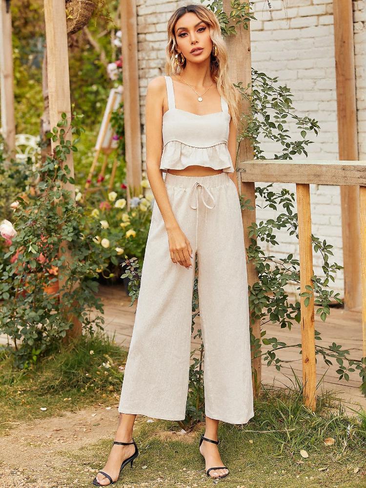 

Women' Two Piece Pants Women' Wear Solid Color Temperament Commuter Waist Collection Suit Cotton Linen Vest Long And Wide Leg Two-piec, Black