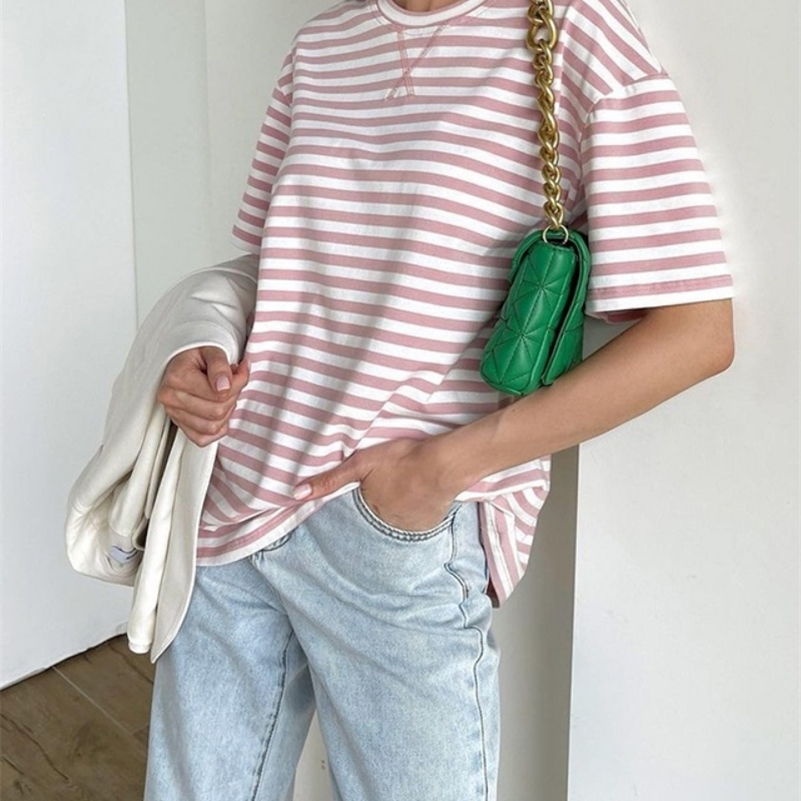 

WOTWOY Summer Short Sleeve Striped T-Shirts Women Knitted Basic Casual Tops Female Cozy Loose Cotton Tees Harajuku Shirt 220321, 21192-pink