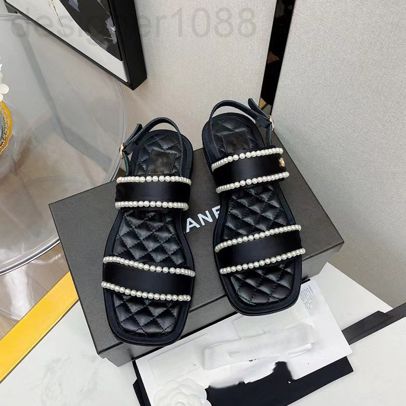 

Sandals designer Flat sandal lady 2022 early spring new simple little fragrant fairy style one line buckle pearl belt flat SCAR, White