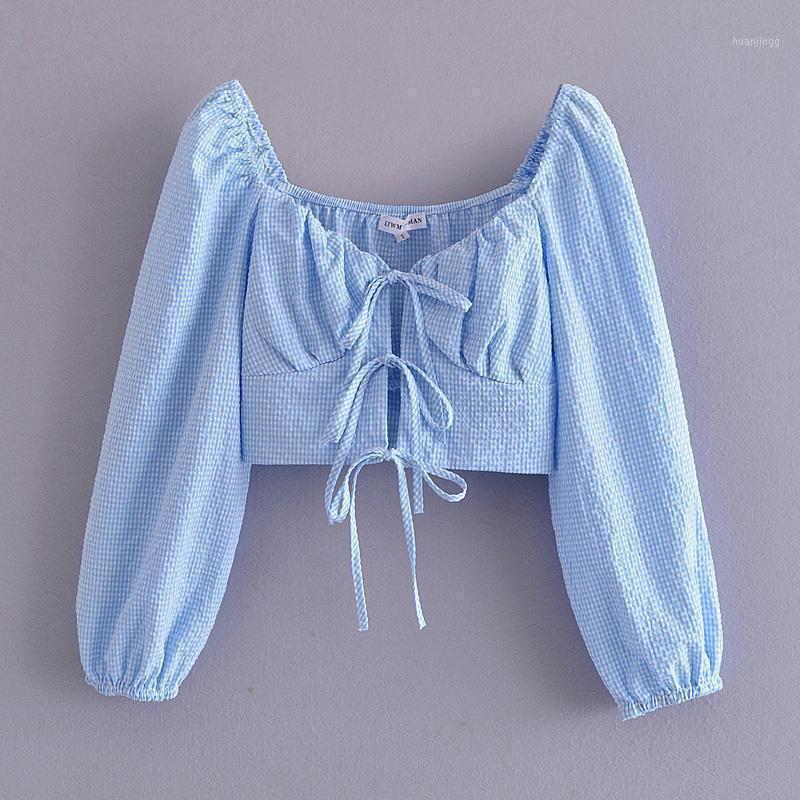 

Women' Blouses & Shirts 2022 Spring Express Street Style Pullover Long Sleeve Square Collar Slim Fit Shirt, Blue