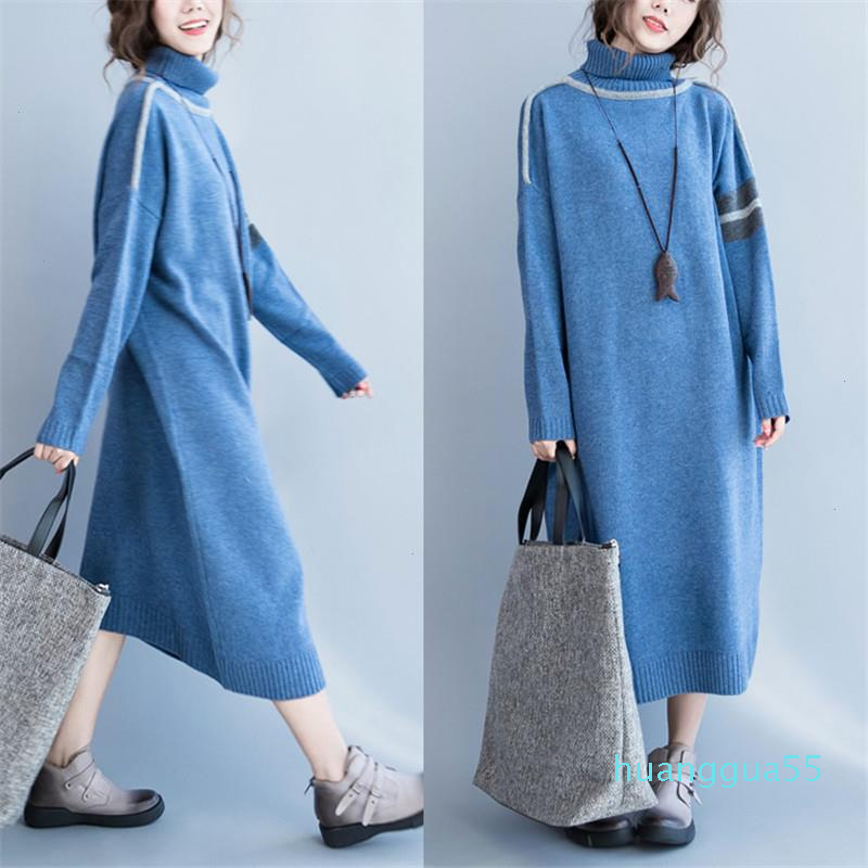 Winter Women Loose Causal Patchwork Turtleneck Sweater Dress Fashion Autumn