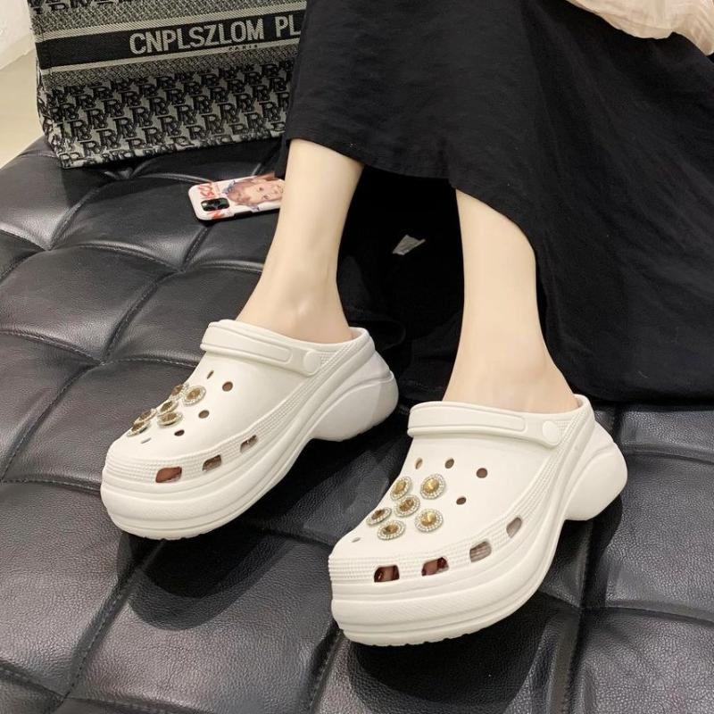 

Dress Shoes Summer Women Clogs Slippers 6cm Platform Sandals Sweet Crystal Outdoor Chunky Shoe Street Beach Indoor Slides Flip Flop, Black