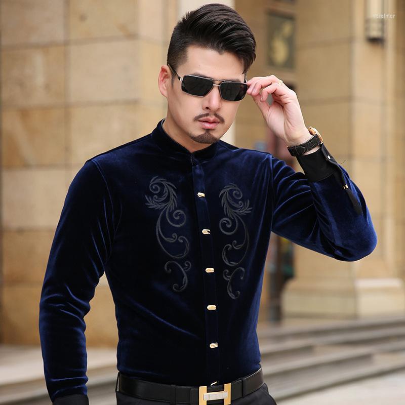 

Men's Dress Shirts Luxury Autumn Winter Men Fashion Long Sleeve Silk Velvet Casual Stand Collar Soft ComfortableMen's Vere22, Black