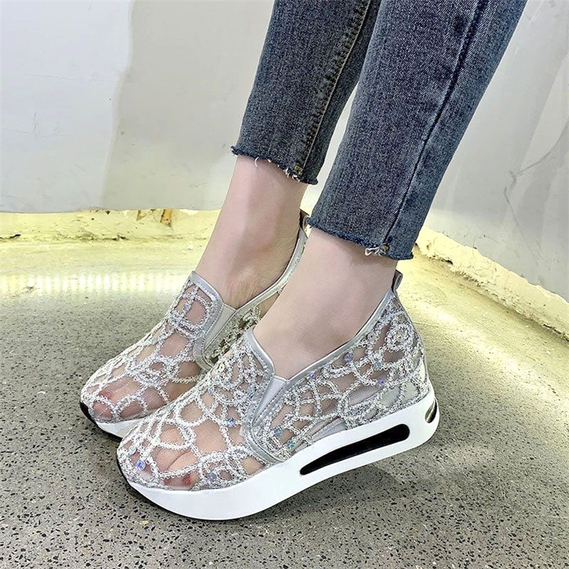

Female Wedge Shoes Sequin Mesh Breathable Women Gold Silver Platform Sneakers Height Increasing Wedges Casual 220810