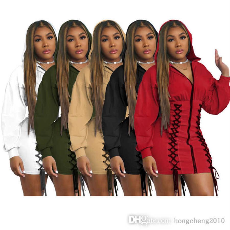 

Women Hoodies Dresses Solid Color Sweaters Fashion Casual Large Bandage Decorative Long Sleeve Zipper Bodycon Dress Clubwear209e, Khaki