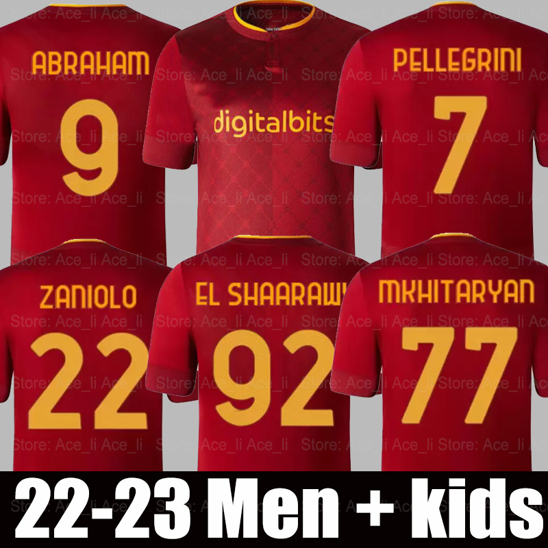 

22 23 roma HOME Soccer Jerseys Abraham ZANIOLO 2022 2023 rome home red PELLEGRINI SHOMURODOV VERETOUT El Shaarawy MANCINI adult men kids kit footbal shirts 888, 22-23 away