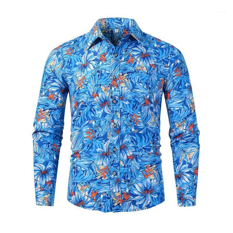 

Spring Men's Shirt Long-sleeved Top Fashion Floral Print Holiday Beach Hawaiian Casual Slim-fit Comfortable Men Shirts, Blue