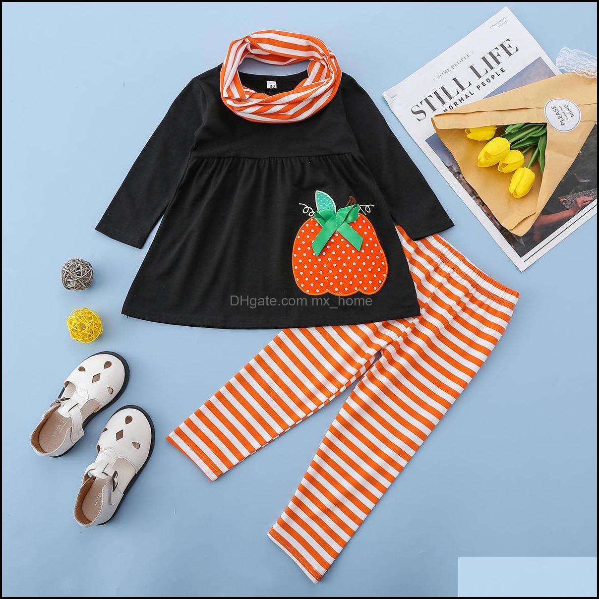 

Clothing Sets Baby Kids Baby Maternity Girls Halloween Outfits Children Pumpkin Tops Stripe Prin Dhowk, 1lot=1set=scarf+tops+pants=3pcs