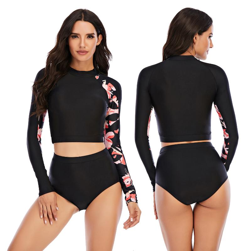 

Women' Swimwear European And American Surf Suits Split Long-sleeved Ladies Sunscreen, Black